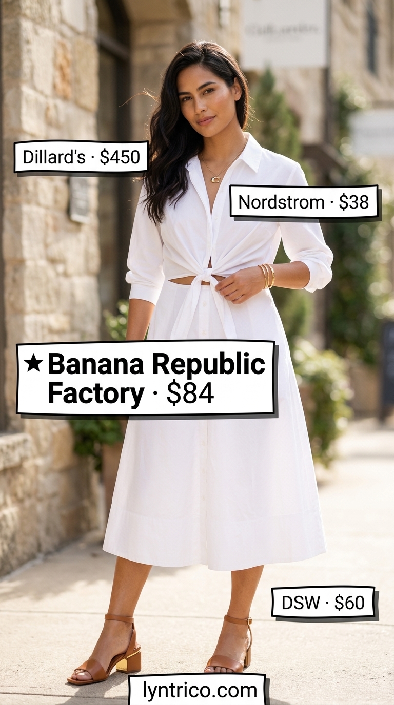 Neutral quiet luxury summer outfits for women 2026: Crisp white shirt dress, cognac sandals and bag.