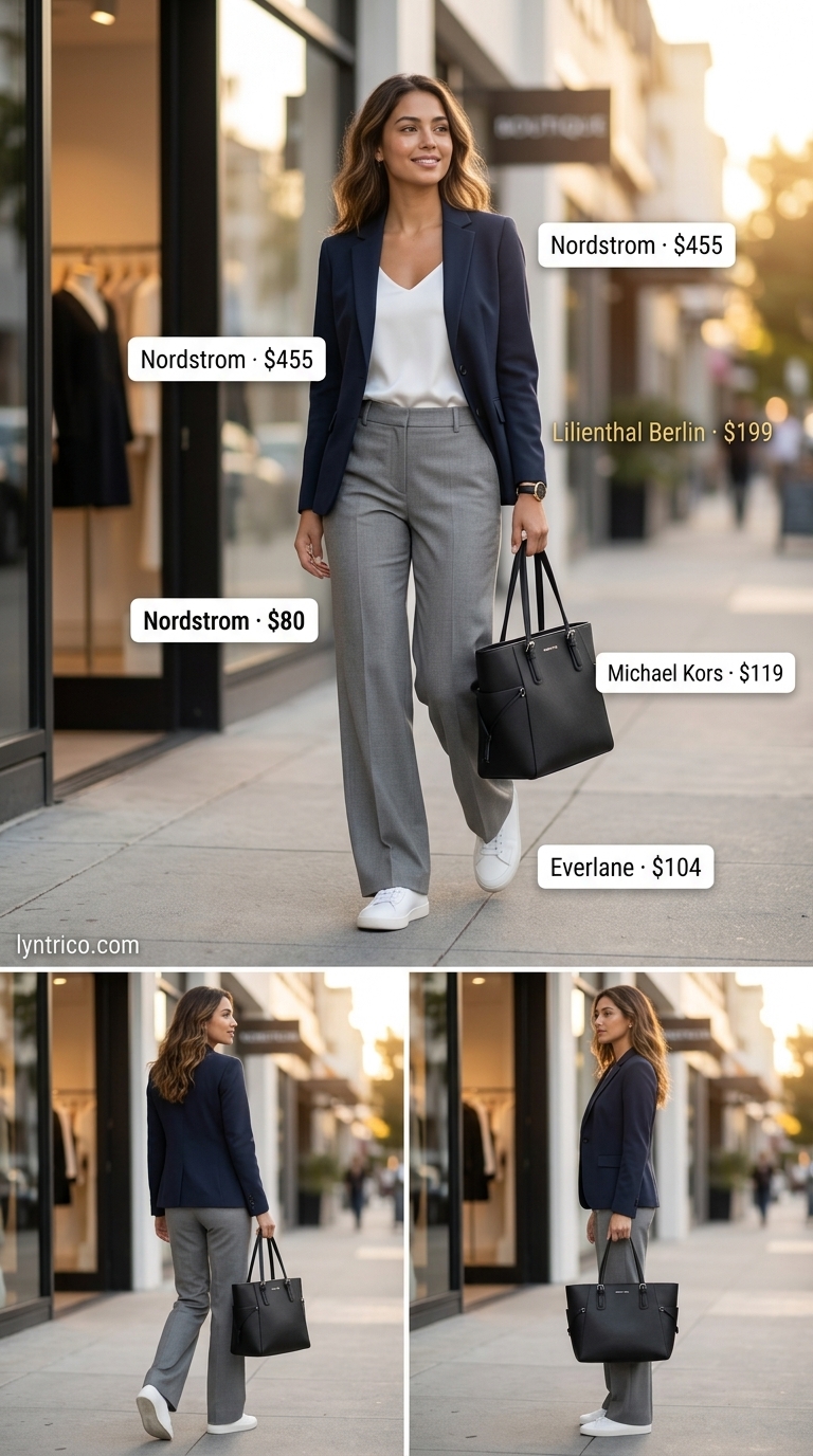 Neutral quiet luxury summer outfit: Stone grey wide-leg trousers with a white silk cami for city errands.