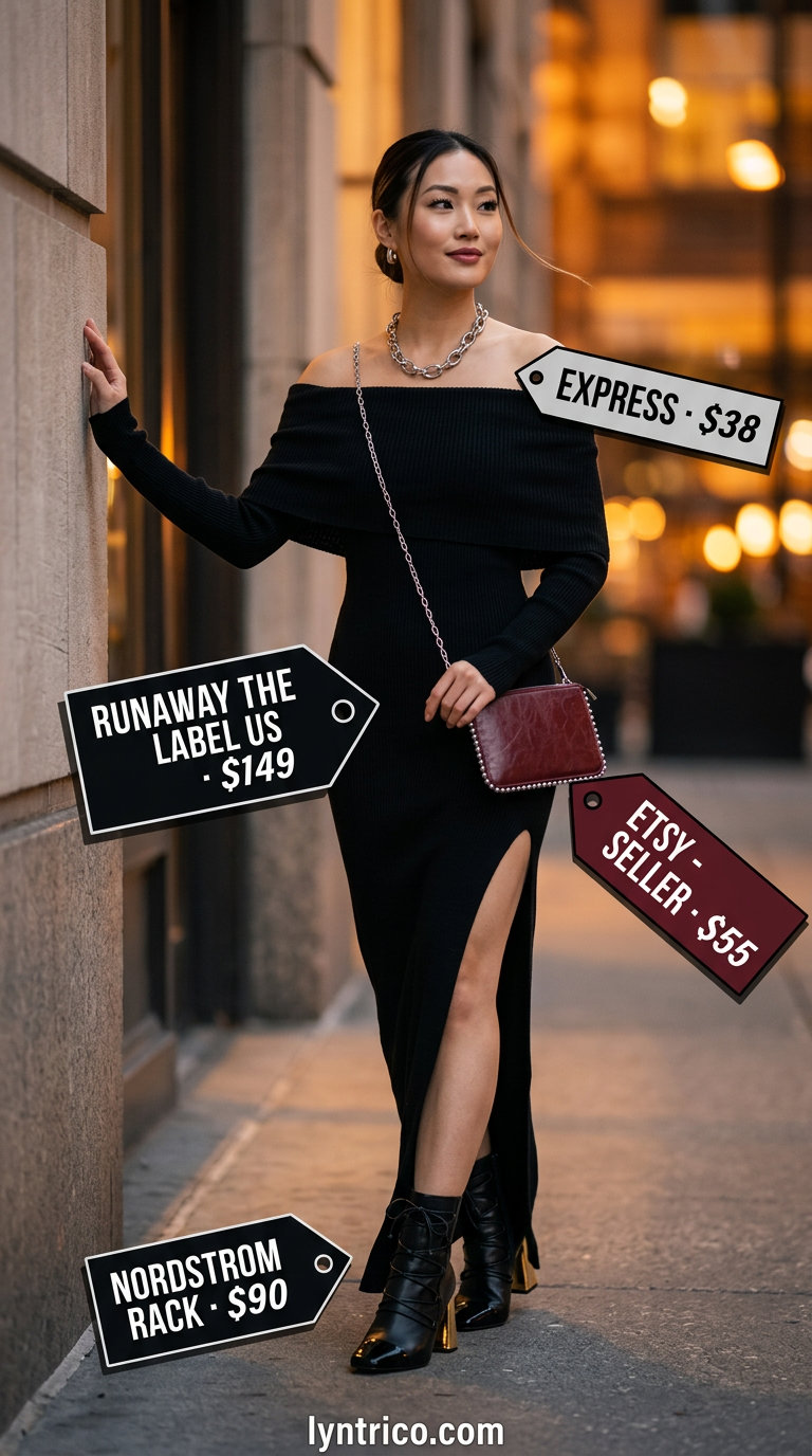 Off Shoulder Summer Flowy Maxi Dresses 2026: City Chic Black off shoulder summer flowy maxi dress 2026 with silver necklace and ankle boots for city evenings.