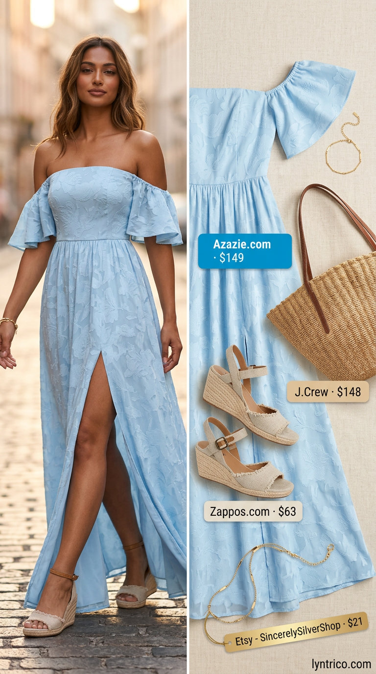 Off Shoulder Summer Flowy Maxi Dresses 2026: Coastal Style Sky blue off shoulder summer flowy maxi dress 2026 with espadrilles for a coastal brunch.