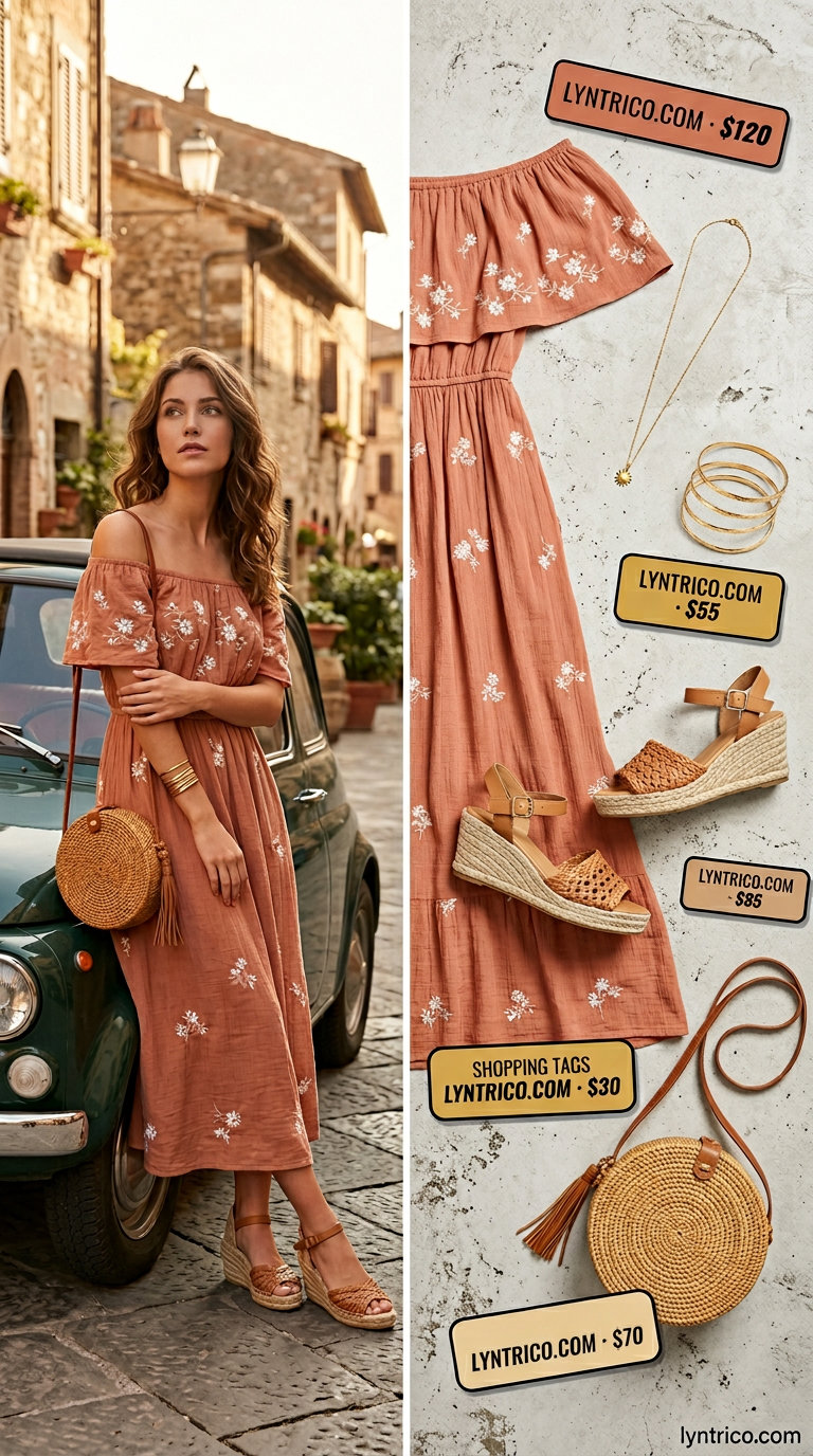 Off Shoulder Summer Maxi Dress 2026: Bohemian Rhapsody Bohemian floral off shoulder summer flowy maxi dress 2026 for festivals with suede boots and wide-brimmed hat.