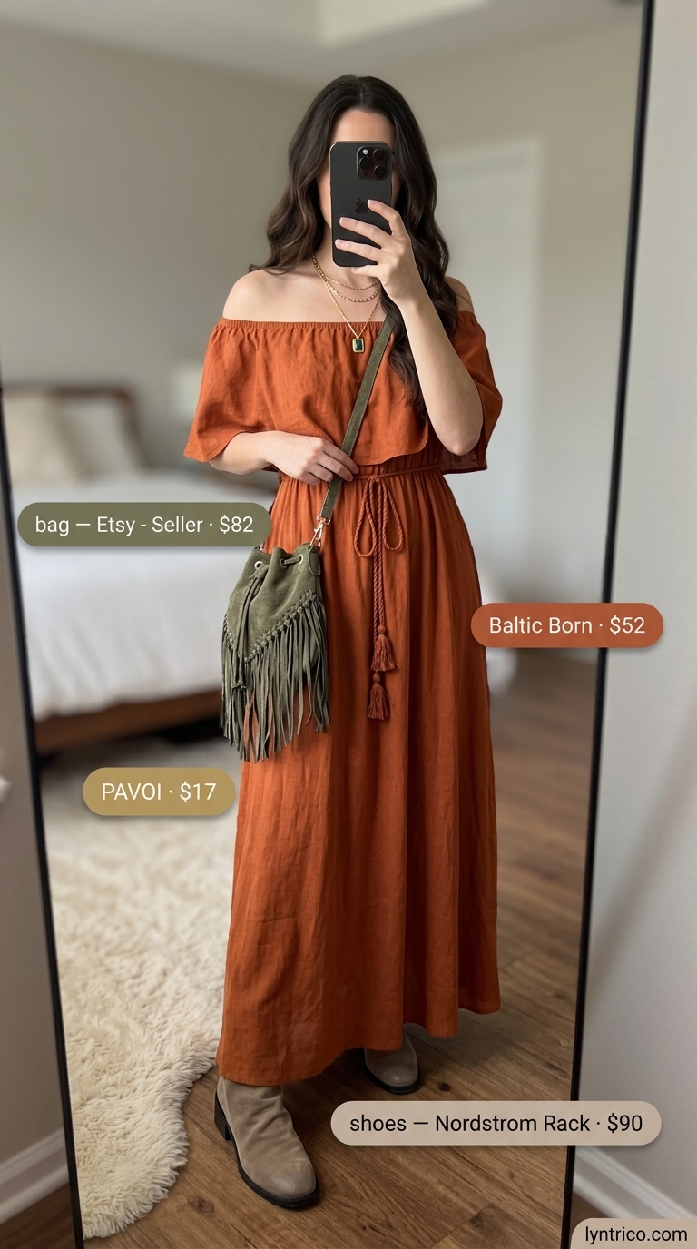 Off Shoulder Summer Flowy Maxi Dresses 2026: Boho Festival Terracotta paisley off shoulder summer flowy maxi dress 2026 for festivals, with suede boots and a fringe crossbody bag.