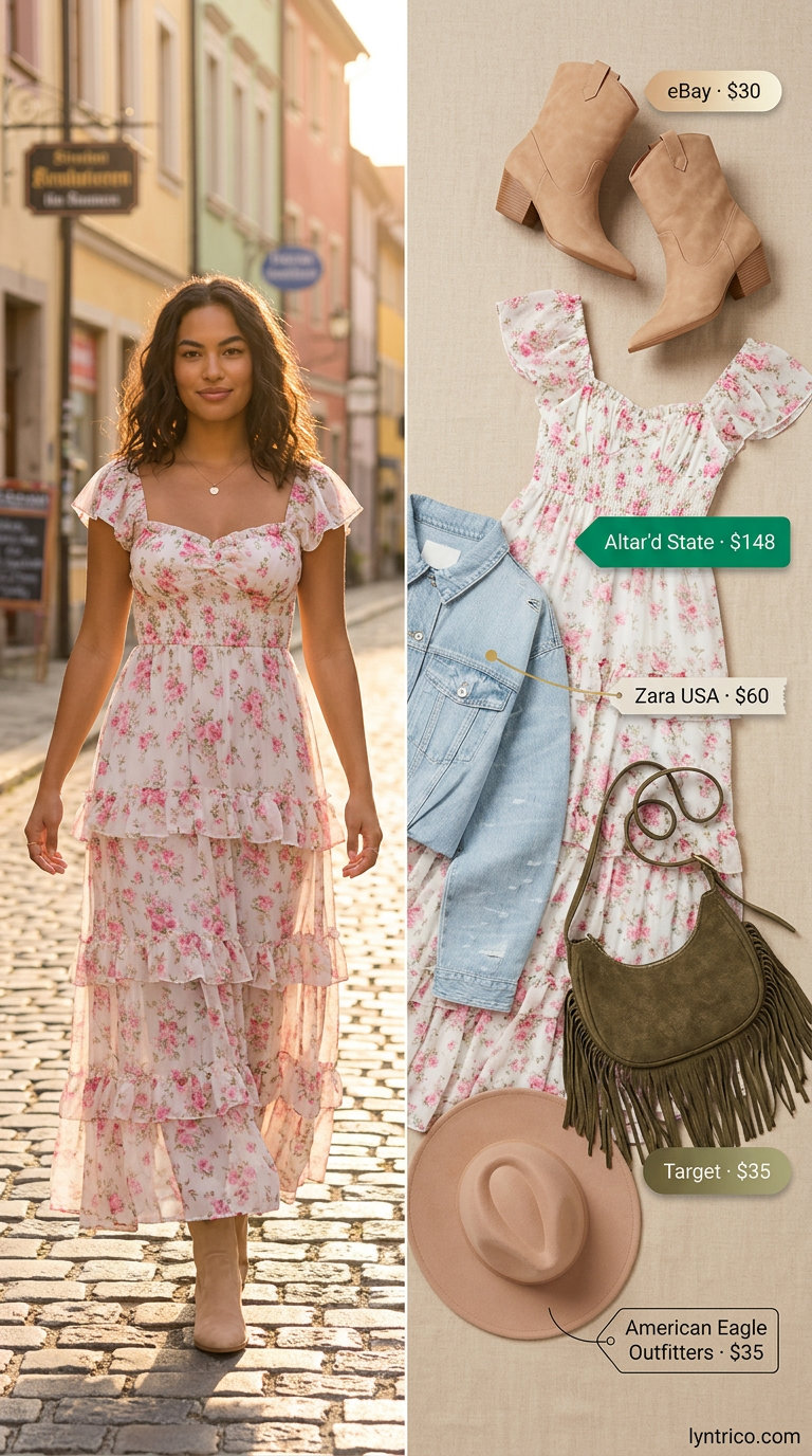 Off Shoulder Summer Flowy Maxi Dresses 2026: Festival Style Multicolor floral off shoulder summer flowy maxi dress 2026 with denim jacket for festivals.