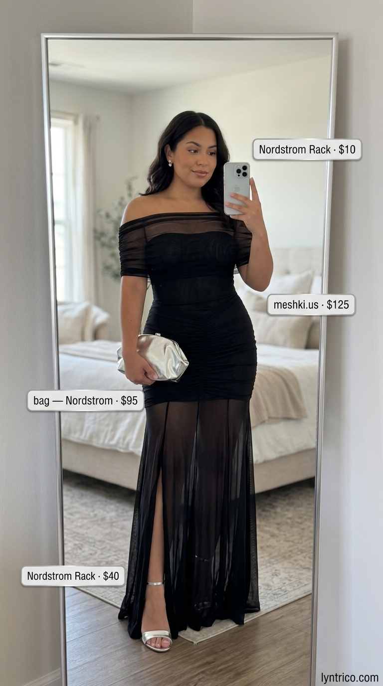 Off Shoulder Summer Flowy Maxi Dresses 2026: City Night Out Black off shoulder summer flowy maxi dress 2026 for city nights, with silver heels and a minimalist clutch.
