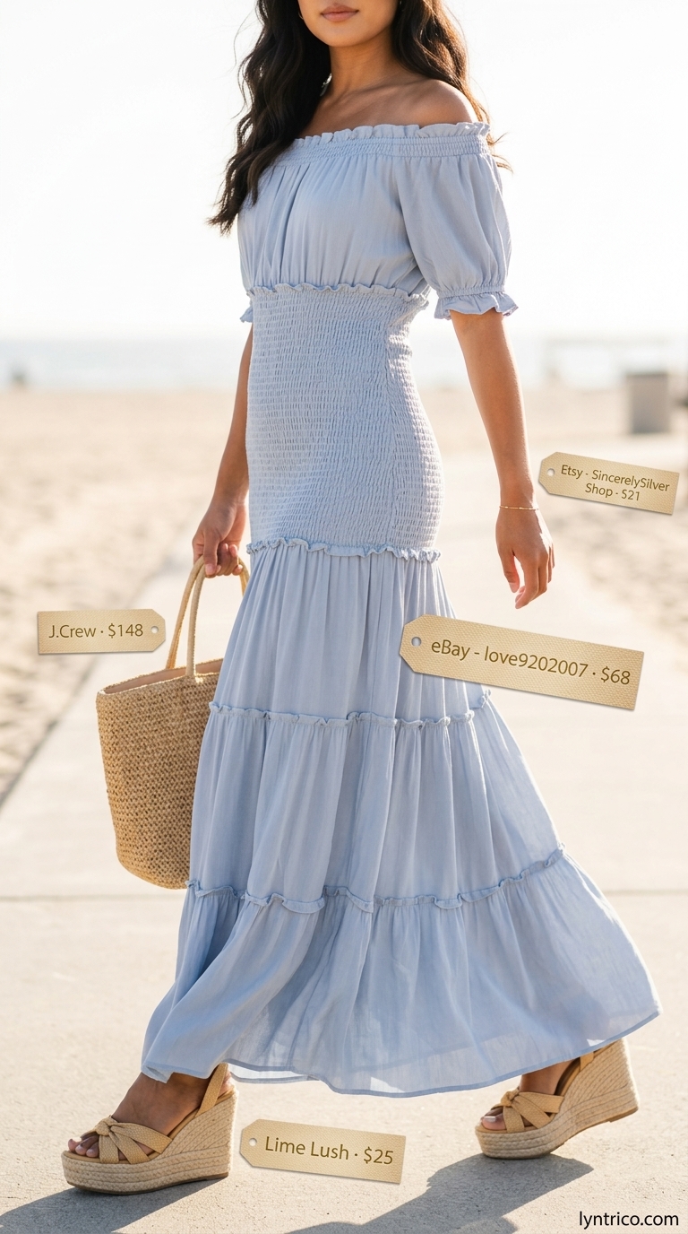 Off Shoulder Summer Flowy Maxi Dresses 2026: Coastal Breeze Sky blue off shoulder summer flowy maxi dress 2026 with smocked bodice, straw tote, and espadrilles for beach vacation.
