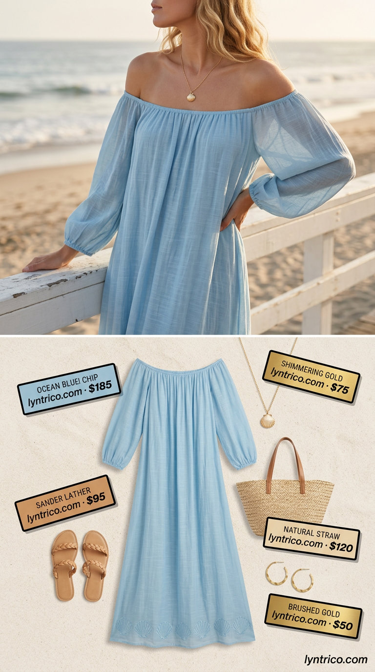 Off Shoulder Summer Maxi Dress 2026: Coastal Breeze Sky blue off shoulder summer flowy maxi dress 2026 for beach vacation with woven tote and slide sandals.