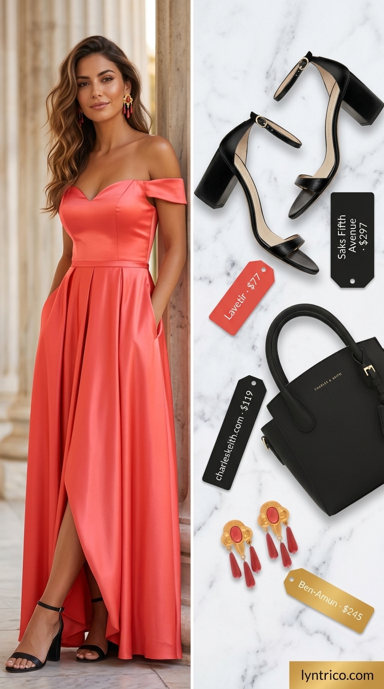 Off Shoulder Summer Flowy Maxi Dresses 2026: Date Night Coral off shoulder summer flowy maxi dress 2026 with black sandals and statement earrings for date night.