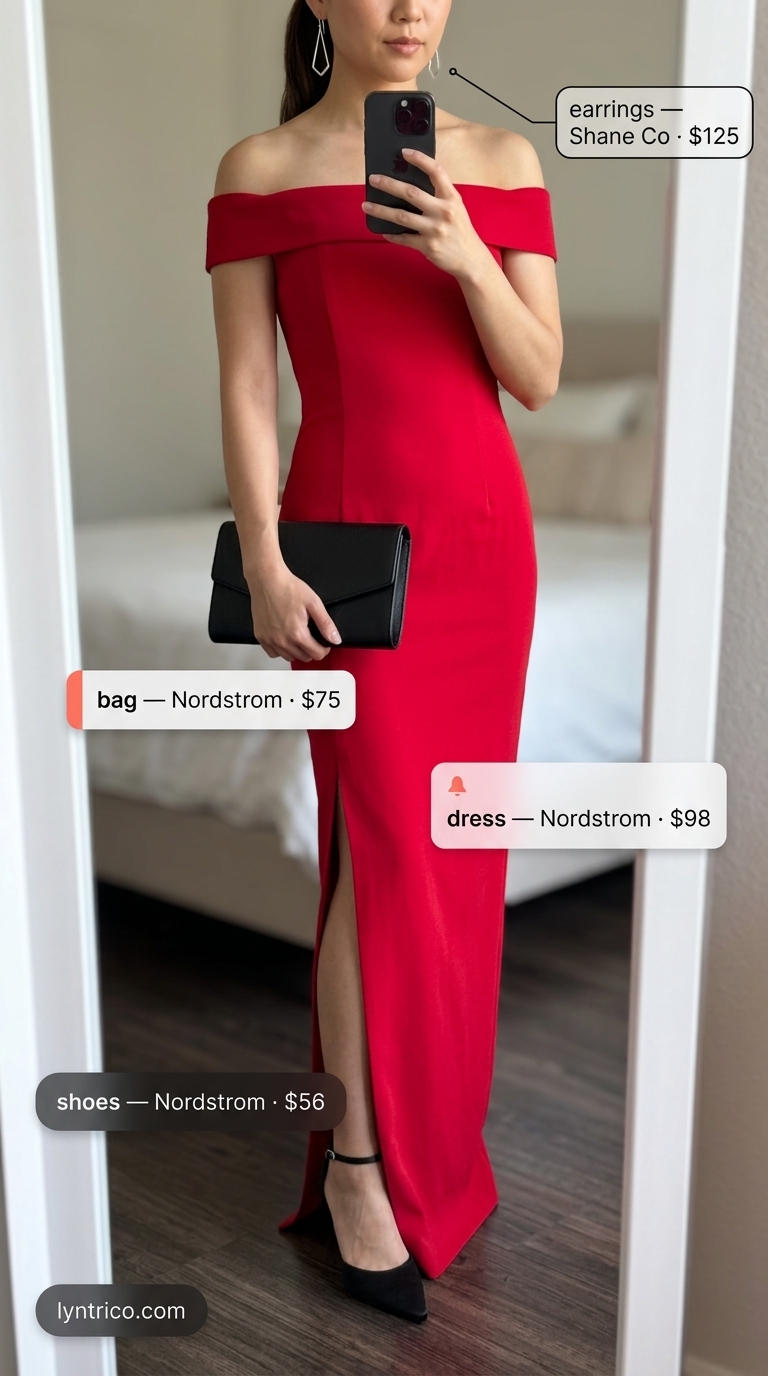 Off Shoulder Summer Flowy Maxi Dresses 2026: Date Night Crimson red off shoulder summer flowy maxi dress 2026 for date night, with black heels and a silver clutch.