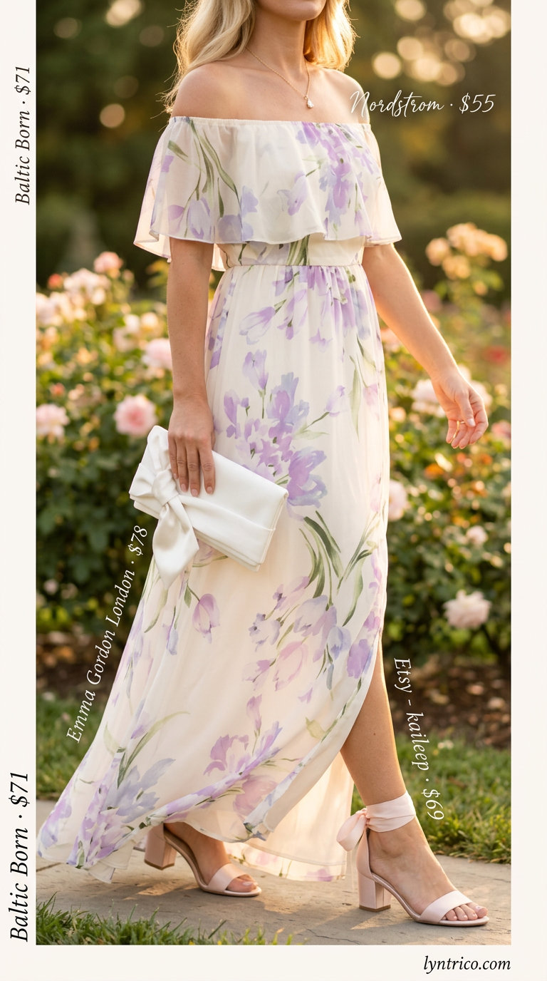 Off Shoulder Summer Flowy Maxi Dresses 2026: Garden Party Pastel floral off shoulder summer flowy maxi dress 2026 with pink sandals for a garden party.