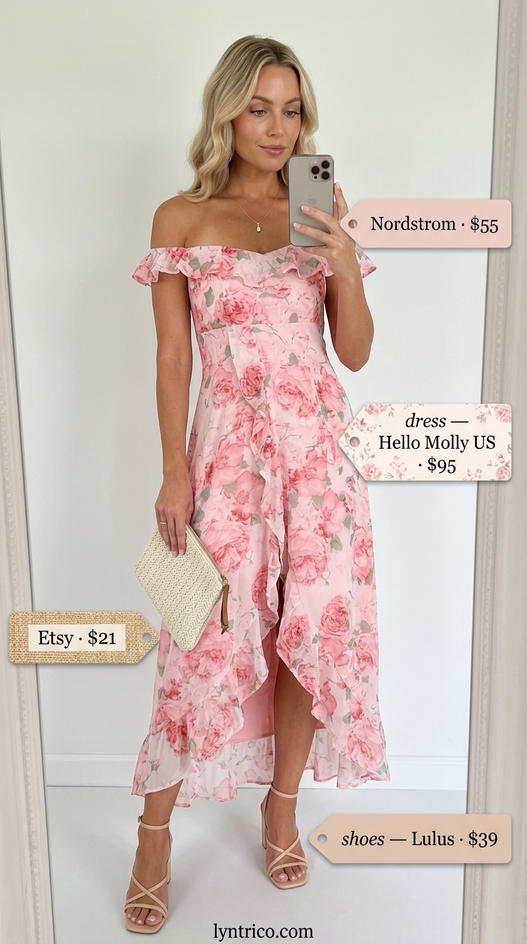 Off Shoulder Summer Flowy Maxi Dresses 2026: Garden Party Blush pink floral off shoulder summer flowy maxi dress 2026 for garden parties, with block heels and a woven bag.