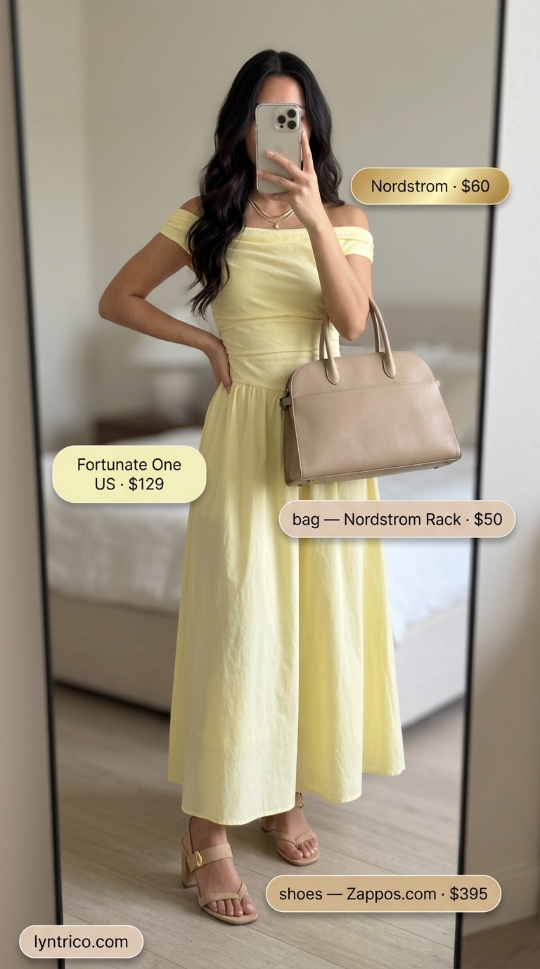 Off Shoulder Summer Flowy Maxi Dresses 2026: Golden Hour Golden yellow off shoulder summer flowy maxi dress 2026 for evening events, paired with block heels and a structured bag.