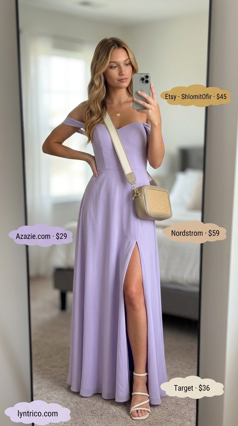 Off Shoulder Summer Flowy Maxi Dresses 2026: Evening Style Lavender off shoulder summer flowy maxi dress 2026 with beige sandals and gold necklace for a serene evening.