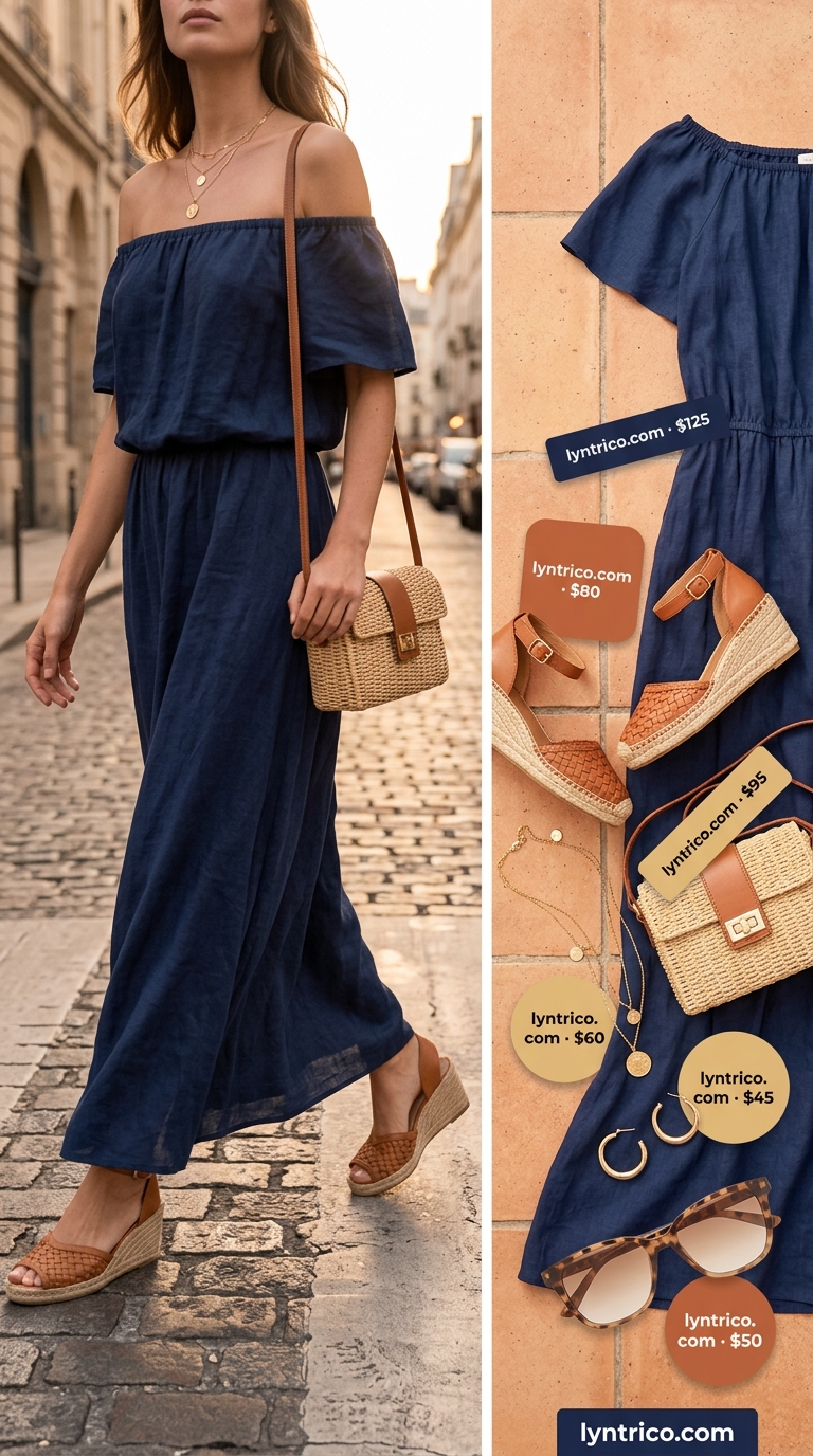 Off Shoulder Summer Maxi Dress 2026: Mediterranean Escape Navy and white off shoulder summer flowy maxi dress 2026 for daytime sightseeing with tan sandals and crossbody bag.