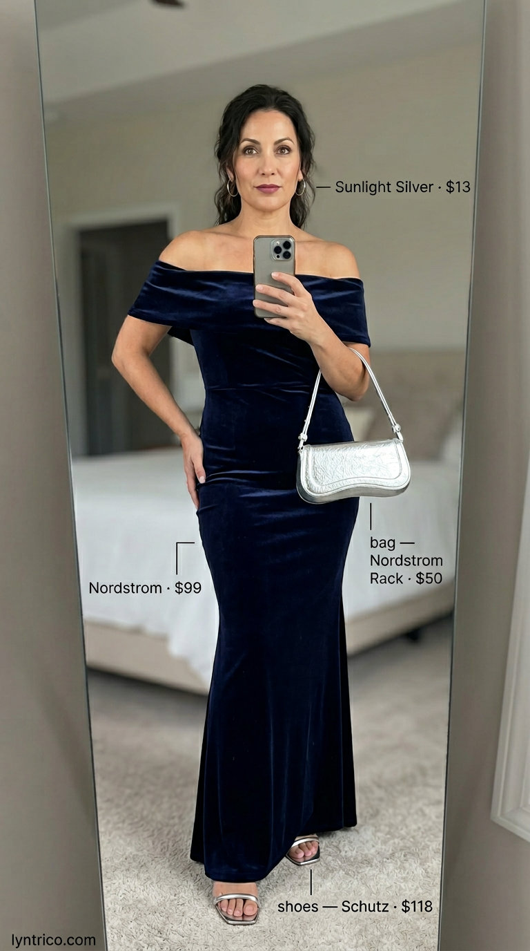 Off Shoulder Summer Flowy Maxi Dresses 2026: Effortless Chic Navy off shoulder summer flowy maxi dress 2026 with silver sandals for effortless chic.
