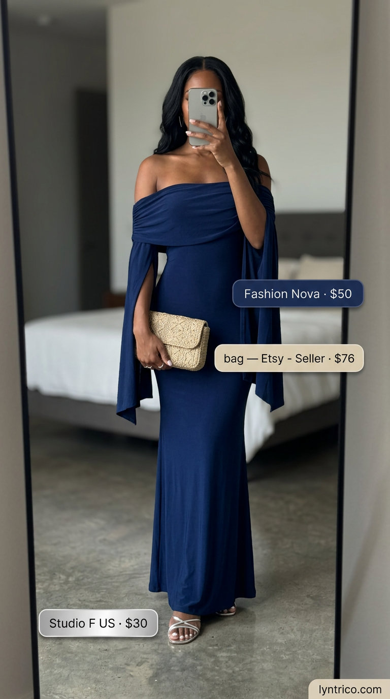 Off Shoulder Summer Flowy Maxi Dresses 2026: Elegant Party Navy geometric print off shoulder summer flowy maxi dress 2026 with silver sandals for an elegant party.