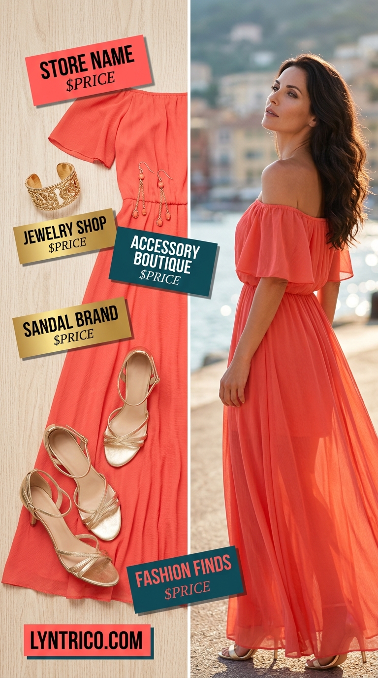 Off Shoulder Summer Flowy Maxi Dresses 2026: Riviera Glam Coral off shoulder summer flowy maxi dress 2026 for evening events, with metallic heels and statement earrings.