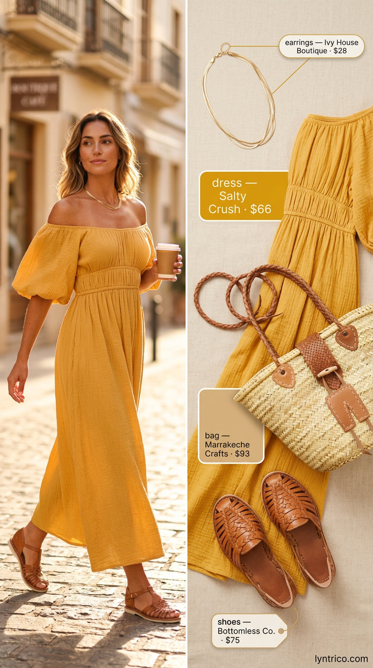 Off Shoulder Summer Flowy Maxi Dresses 2026: Sunset Chic Mustard yellow off shoulder summer flowy maxi dress 2026 for casual chic events, styled with flat sandals and layered necklaces.