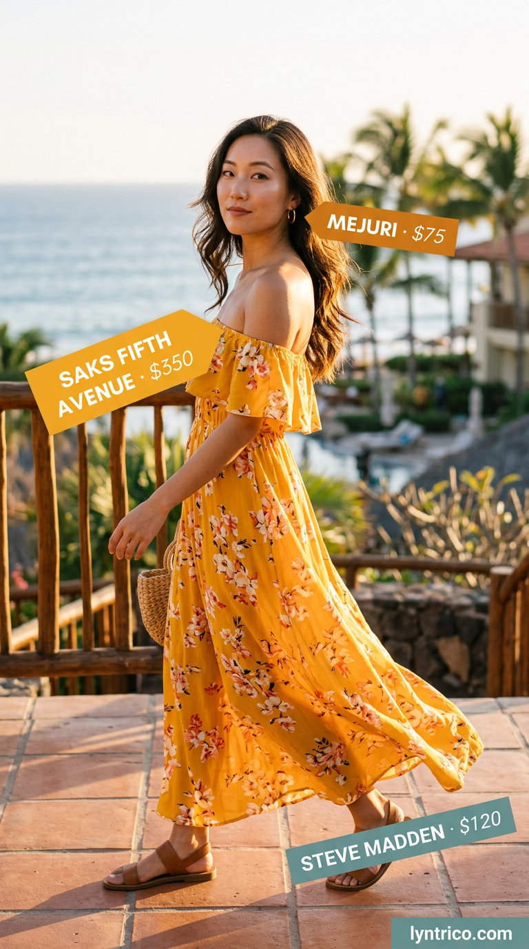 Tropical leaf print off shoulder summer flowy maxi dress 2026 for vacation evenings with gold bangles and metallic sandals.