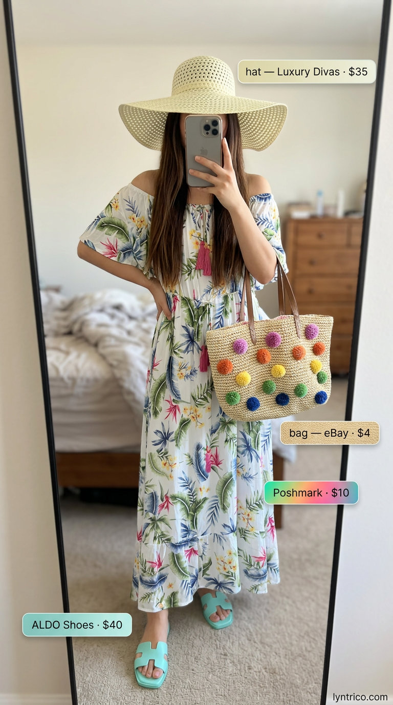 Off Shoulder Summer Flowy Maxi Dresses 2026: Vacation Glam Tropical print off shoulder summer flowy maxi dress 2026 with straw hat for vacation.