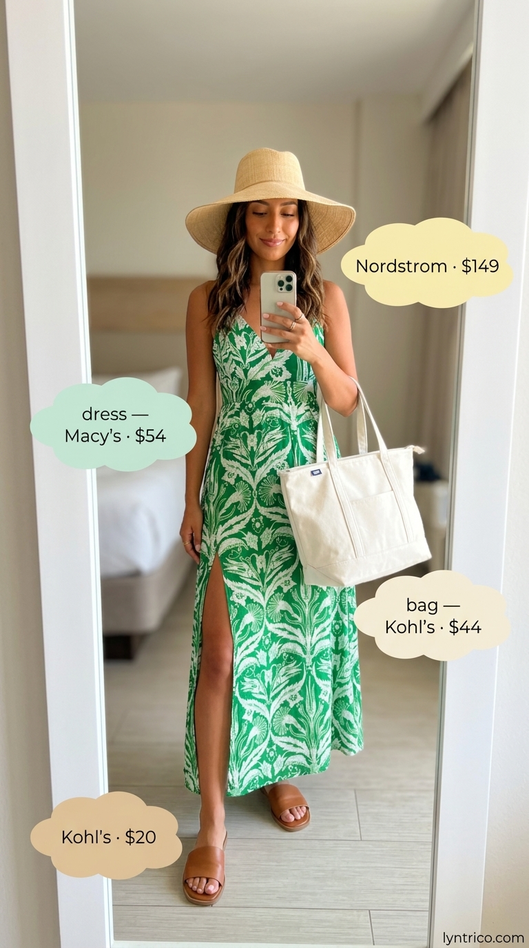 Off Shoulder Summer Flowy Maxi Dresses 2026: Tropical Vacation Emerald green tropical print off shoulder summer flowy maxi dress 2026 for vacation, with a straw hat and canvas tote.