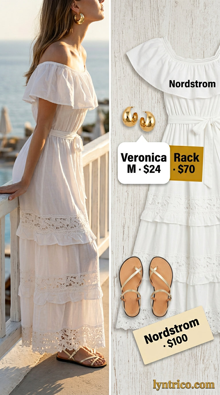 Off Shoulder Summer Flowy Maxi Dresses 2026: Resort Chic White off shoulder summer flowy maxi dress 2026 with gold sandals for a Mediterranean evening.