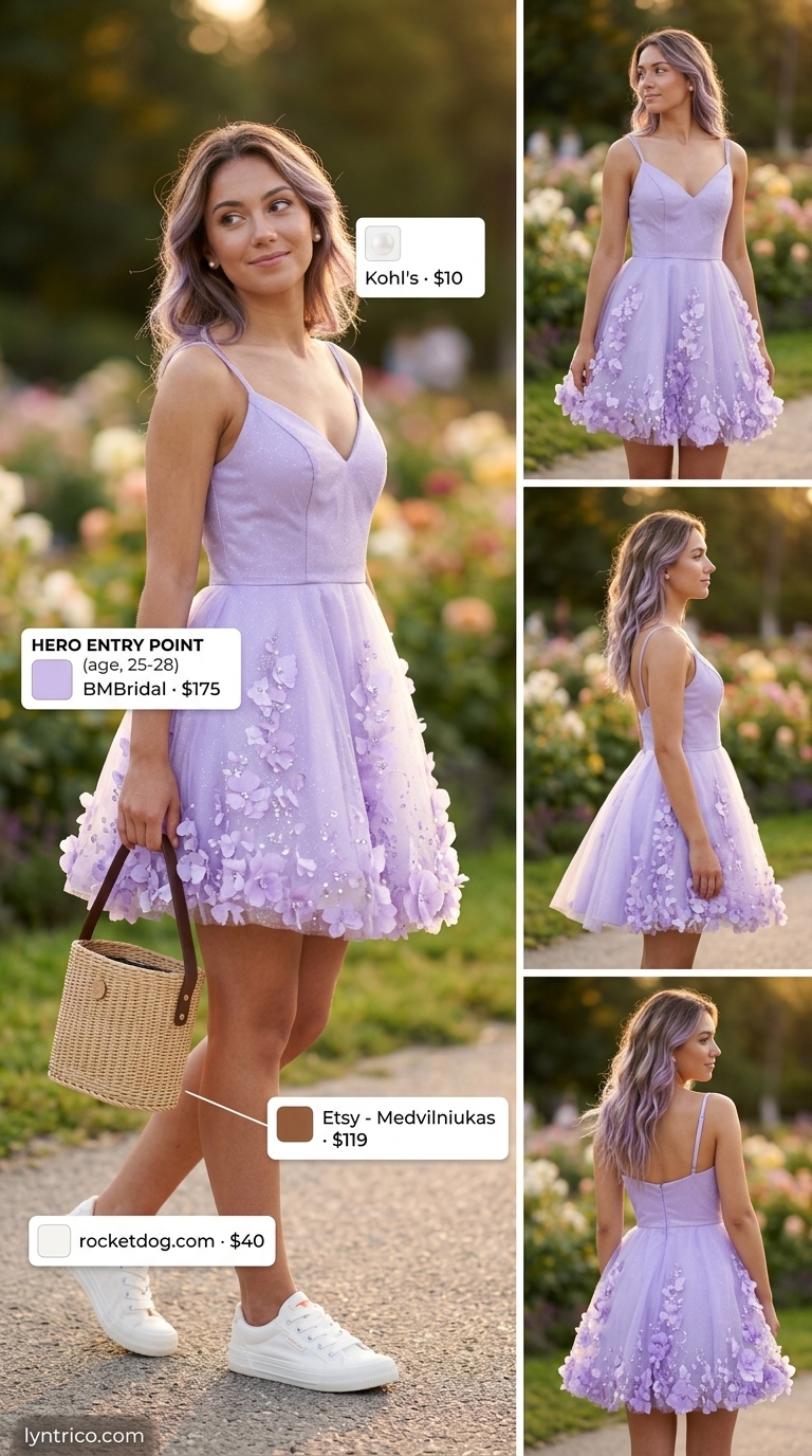Pastel Picnic Summer Outfit 2026 Pastel picnic outfit inspo summer for women 2026: Lavender sundress, white sneakers, wicker bag, pearl earrings.