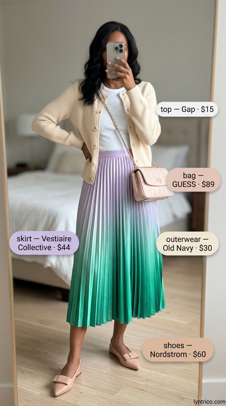 Artistic Sunset Canvas Summer Pleated Skirt Outfits 2026 Dreamy summer pleated skirt outfits 2026: Lavender mint ombre skirt, white top, cream cardigan for a gallery.