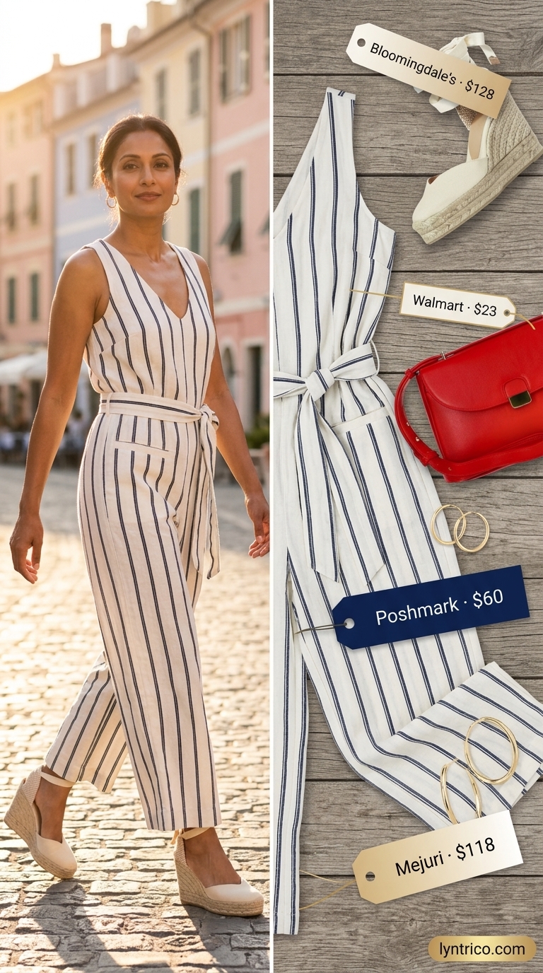 Coastal Riviera Linen Jumpsuit 2026 Sleeveless summer linen jumpsuits for women 2026: Navy stripe jumpsuit, red bag, straw hat for coastal Riviera charm.