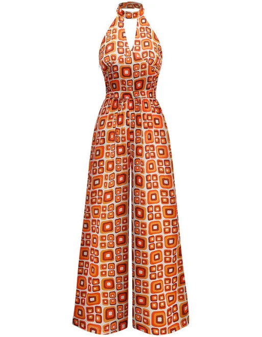 jumpsuit 1970s Geometric Print Mandarin Collar Wide Leg Jumpsuit Retro Stage $30.99
