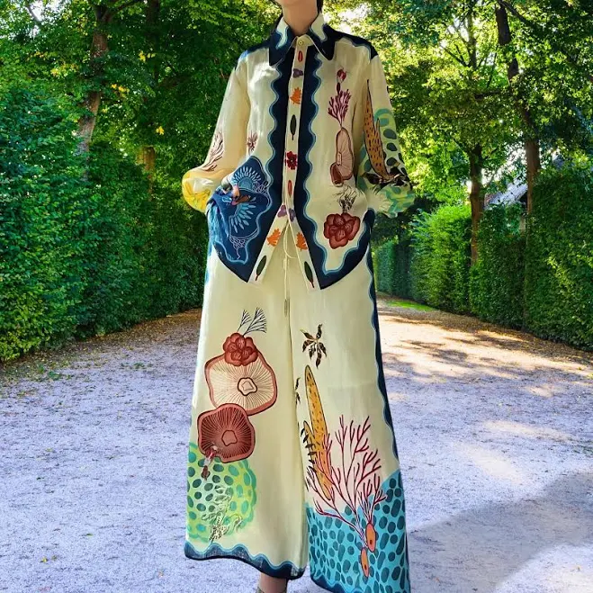 matching set Abstract Print Long Sleeve Shirt & Wide Leg Trousers Etsy - Seller $82.95