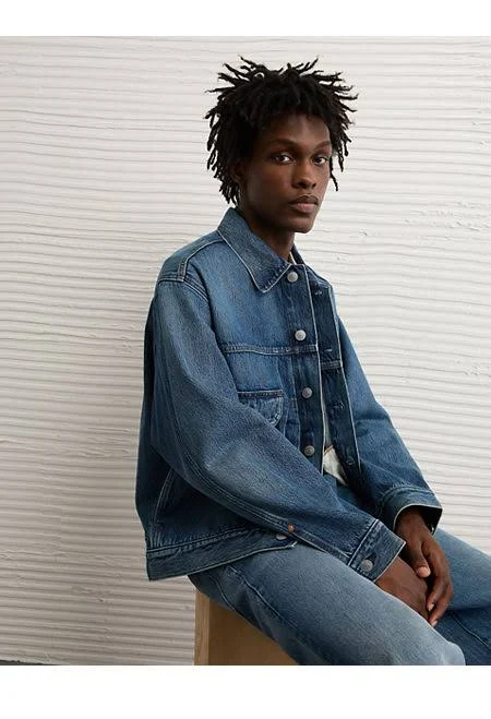 denim jacket AE Men's Denim Trucker Jacket American Eagle Outfitters $85.45