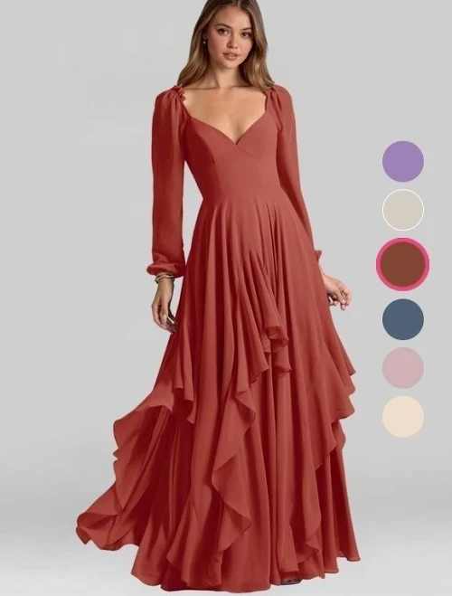 dress Azazie A-Line V-Neck Long Sleeve Floor-Length Chiffon Bridesmaid Dresses Azazie.com $119
