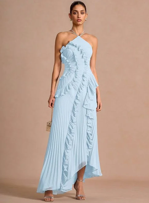 dress Azazie Maxi Dresses A-Line Wedding Guest Semi-Formal Dresses Halter Ruffles Sky Blue Azazie.com $209
