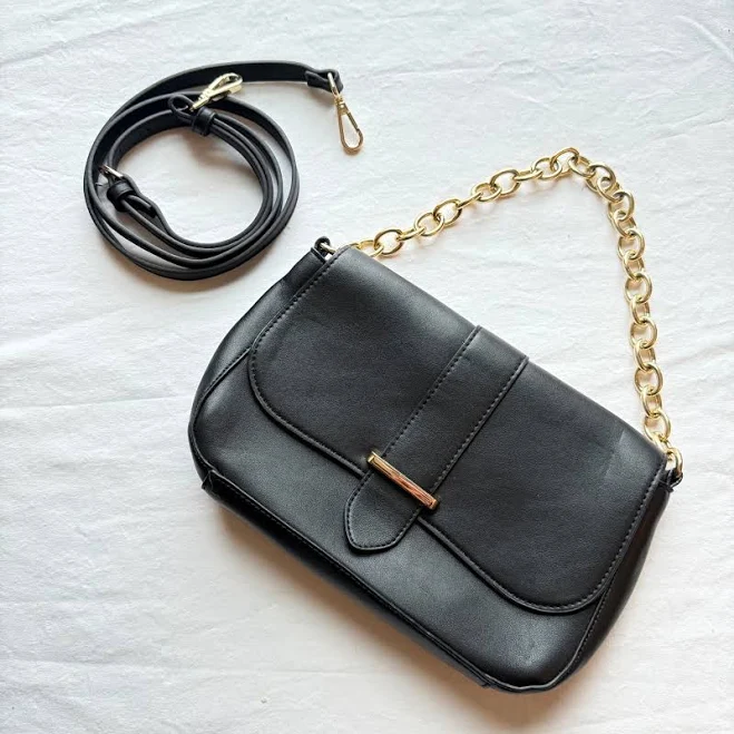 bag Black Faux Leather Shoulder Bag With Gold Chain & Detachable Strap By eBay - mdavi848 $12
