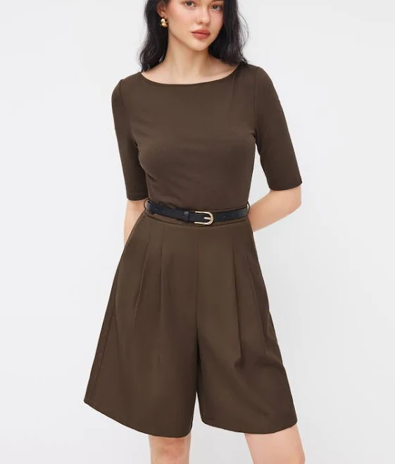romper Boat Neck Mid-Length Sleeve Romper with Belt Cider $30.32