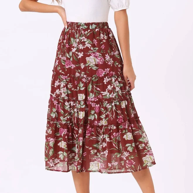 skirt Boho Floral Chiffon Tiered Ruffle Midi Skirt Allegra K $43.69