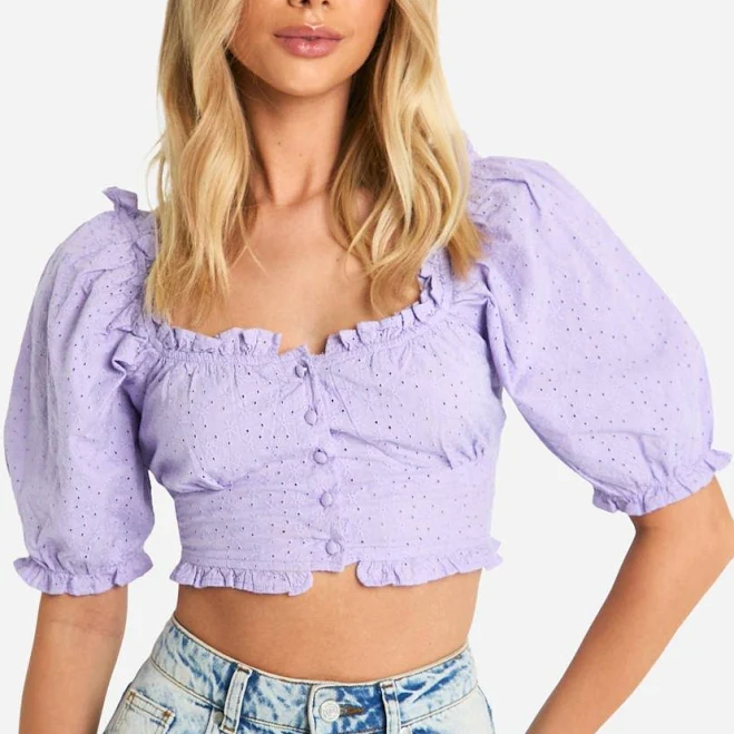 top Boohoo Women's Broderie Puff Sleeve Milkmaid Crop Top boohoo USA $24.8
