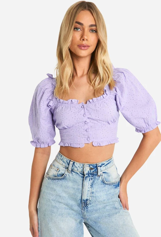 top Boohoo Women's Broderie Puff Sleeve Milkmaid Crop Top boohoo USA $24.8