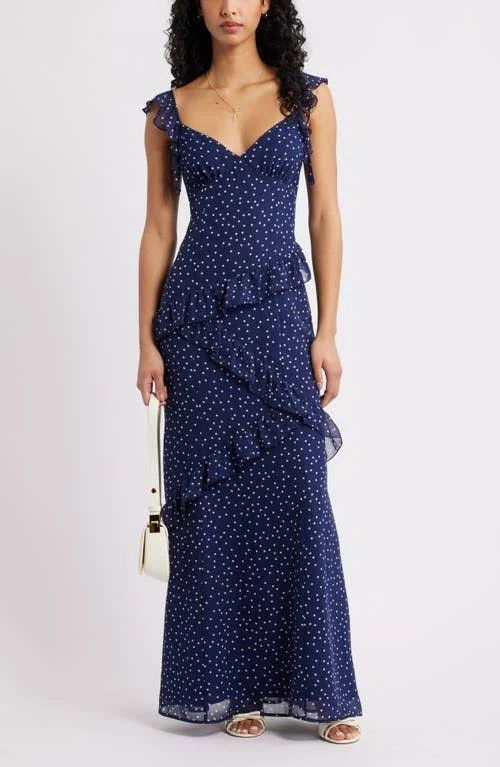 dress BP. Asymmetric Ruffle Tiered Maxi Dress in Navy- White Myla Dot at Nordstrom, Size Xx-Small Nordstrom $79.5