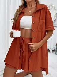 matching set Button Down Shirt and Drawstring Shorts Set - Terracotta / L Charming Charlie $36