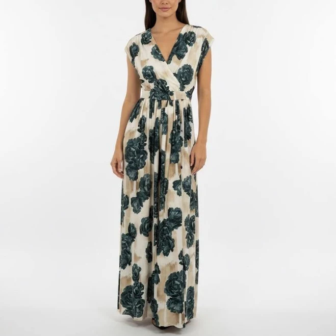 dress CE by Christina Economou Dresses | Christina Economou Floral Maxi Dress V Neck Cap Sleeve Empire Waist Size 0 | Color: Brown/Cream | Size: 0j | Poshmark $122
