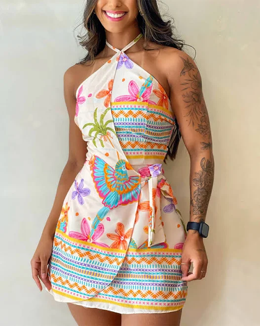 romper Chicme Tropical Print Halter Tie Backless Romper Chic Me $30.99