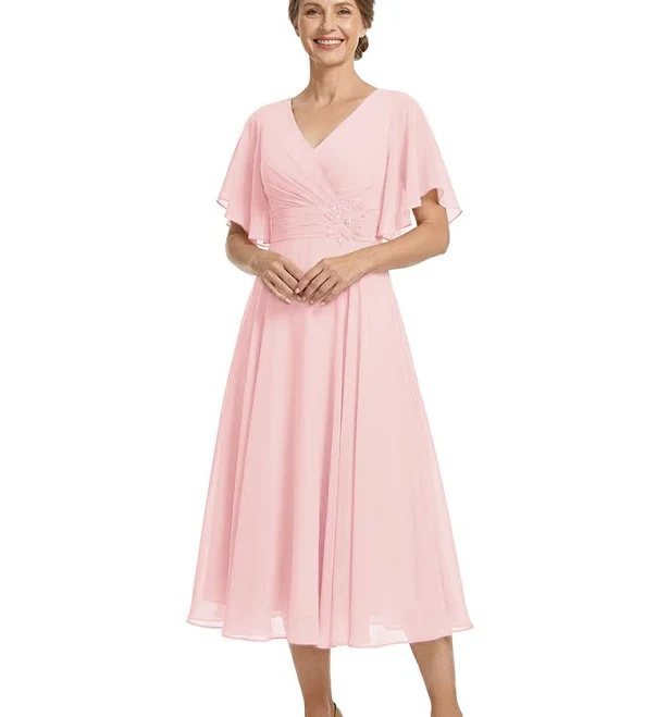 dress Chicsew V-Neck Short Sleeve Overlay Layered Chiffon Midi Length Dress chicsew $129.99