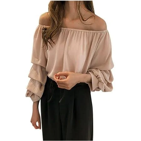 off-shoulder top Chumud Women Off Shoulder Blouses Long Sleeve Chiffon Top Slim Fitted Shirts Elegant Ladies Work Date Everyday S-4xl, Women's, Pink Walmart - chukd $8