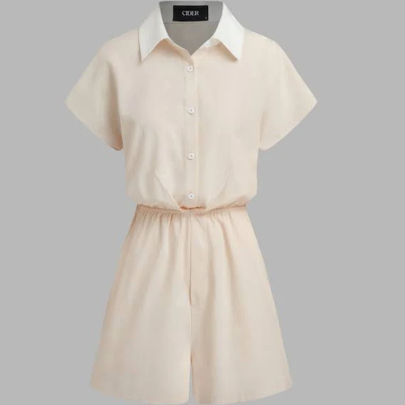 romper CIDER Women's Linen-Blend Solid Polo Elastic Waist Pocketed Short Opaque Non-Stretch Regular Fit Romper Daily Casual Cider $23.95