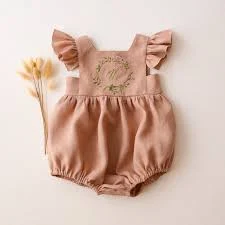 romper Clay Linen Flutter Sleeve Square Neckline Bubble Playsuit with "Initial Floral Wreath" Embroidery Dannie and Lilou $55