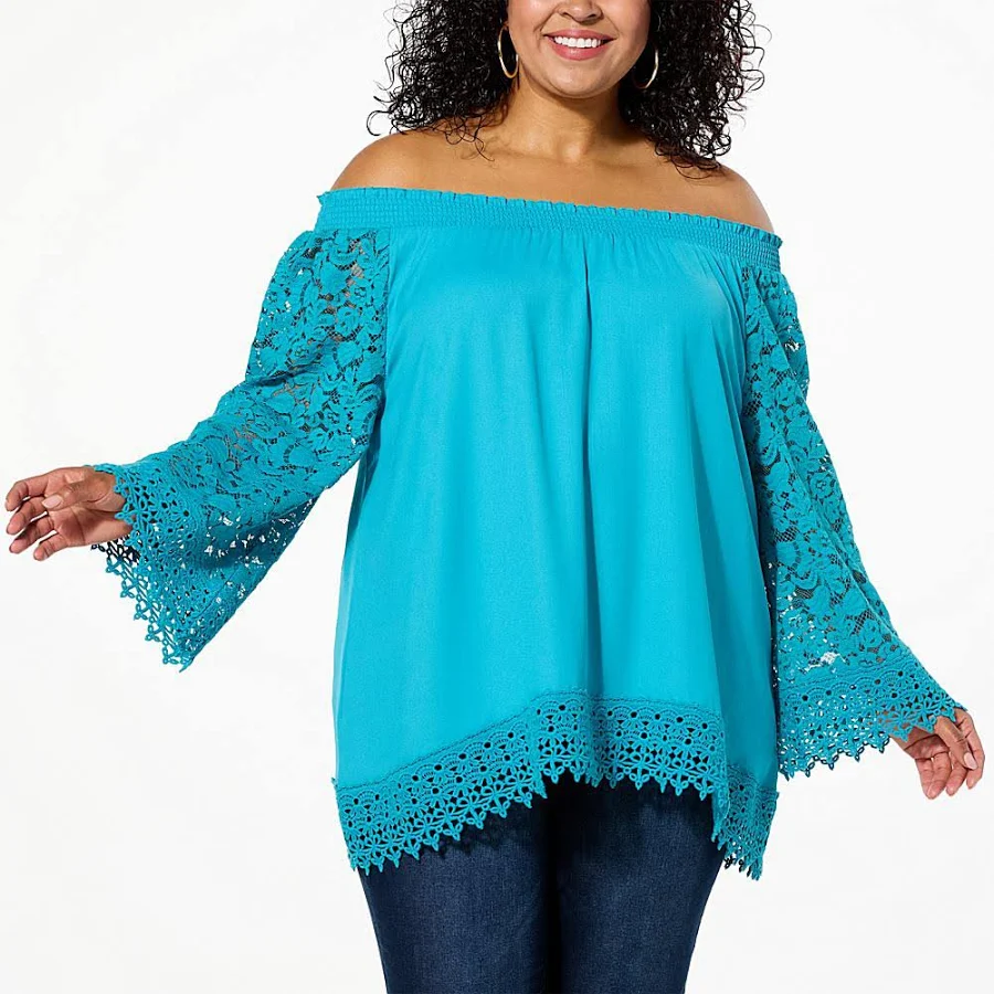 top Colleen Lopez On/Off Shoulder Smocked Lace Top HSN $25.98