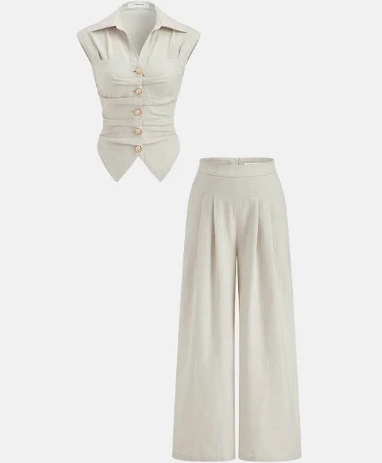 outfit Commense Cotton Linen Sleeveless Top & Pleated Pants Set Commense $68