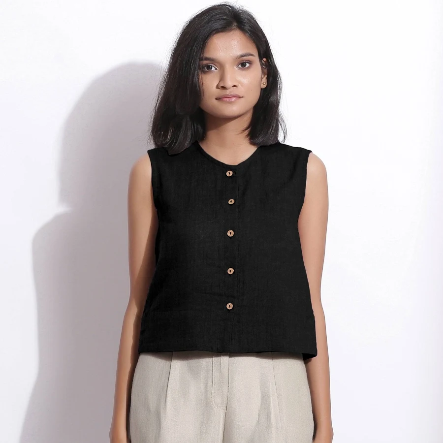 sleeveless top Cotton Linen Sleeveless Button-Down Shirt SeamsFriendly $39