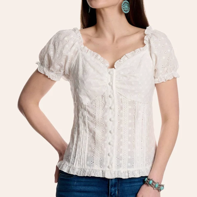 top Cowgirl Hardware Women's Floral Eyelet Puff Sleeve Top Cavender's Boot City Western Store $49.95